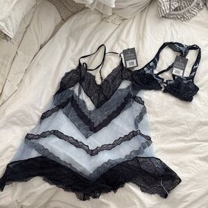 Sheer Lace Chemise and Bralette Set - Black & Light Blue NWT